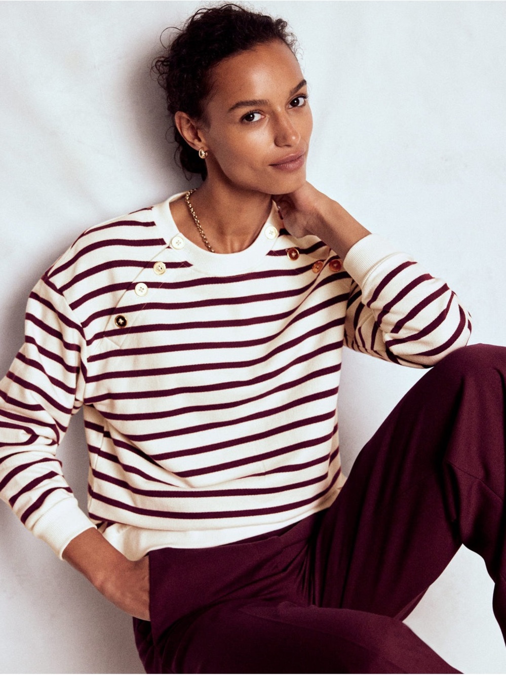 Boden Striped Crewneck Button Detail Top Sweatshirt in Cream and Brown